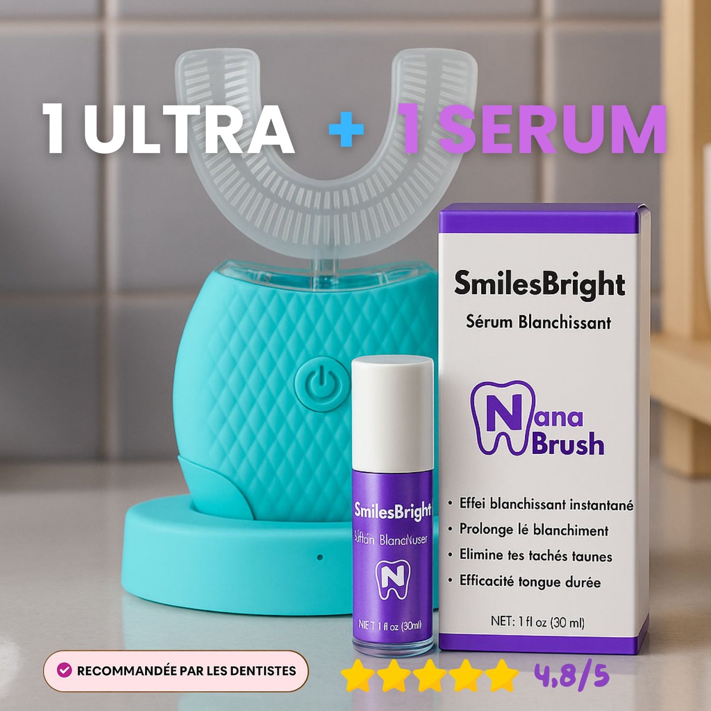 NanaBrush™ Ultra 360° - Brosse à dents électrique en U silicone + Sérum White - Nana Brush